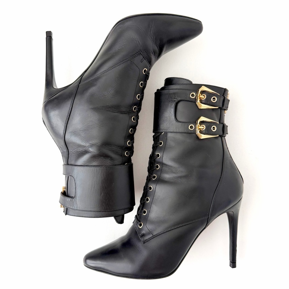 BALMAIN || Nina Black Leather Buckle Lace Up Ankle Boots Stiletto Heels EU 38 - Picture 3 of 16